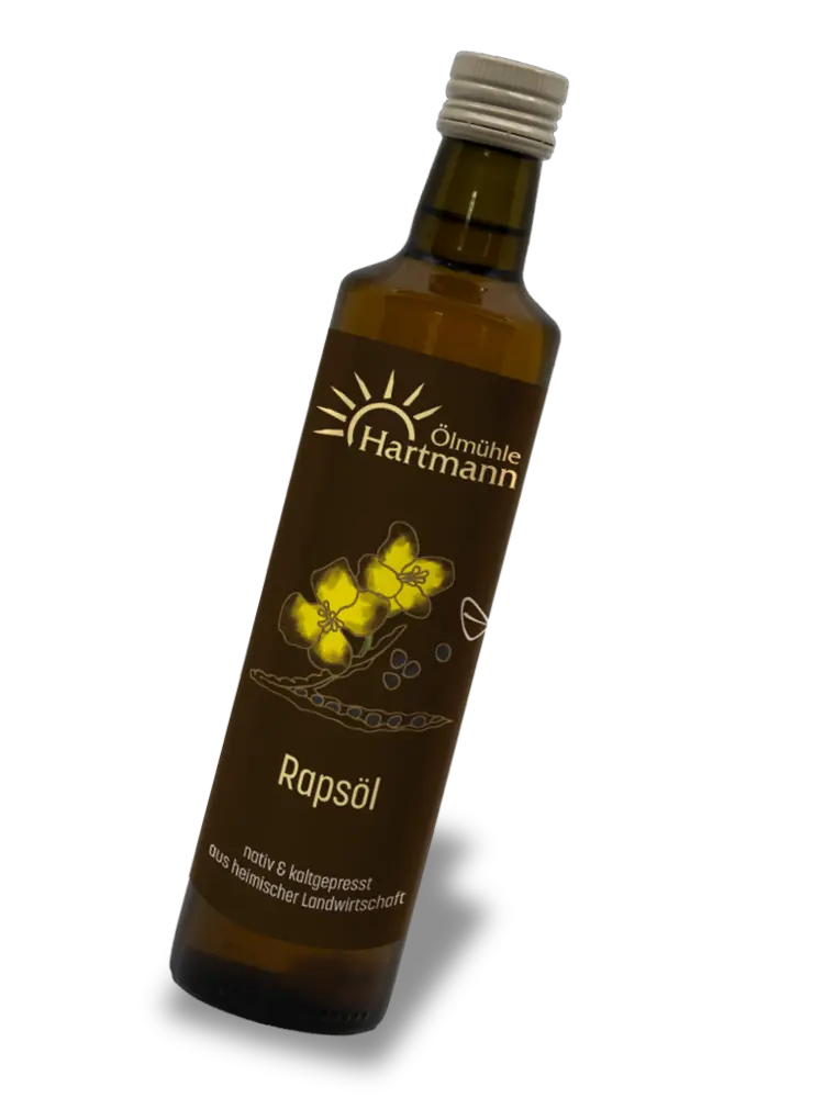 Rapsöl: Kaltgepresst aus heimischer Landwirtschaft Eine Flasche Ölmühle Hartmann Rapsöl, kaltgepresst und nativ