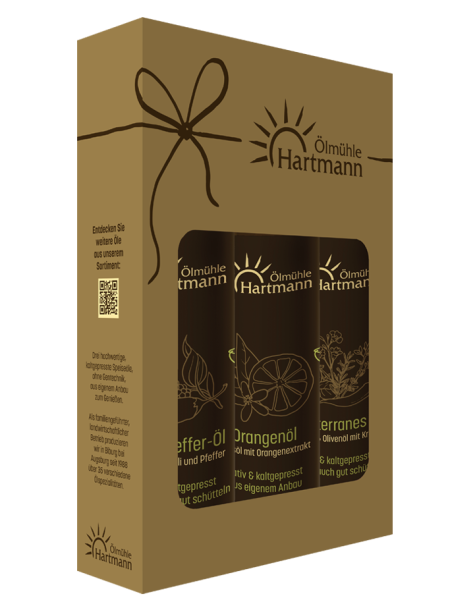 Set mit Orangen-, Chili-Pfeffer-, Mediterranes Öl