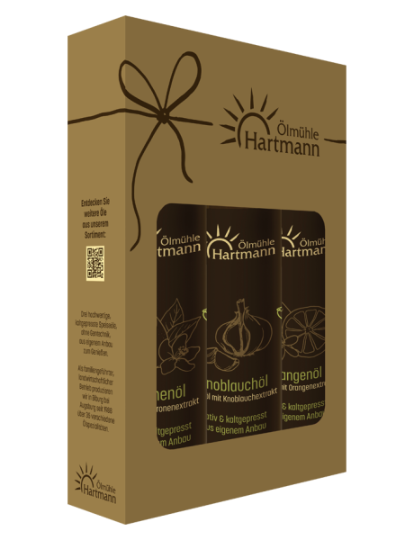 Set mit Zitronen-, Orangen- und Knoblauchöl