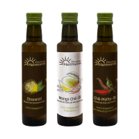 Fruchtig-scharfes Trio - Mango-Chili-Öl 0,25l, Zitronenöl 0,25l & Chili-Pfeffer-Öl 0,25l