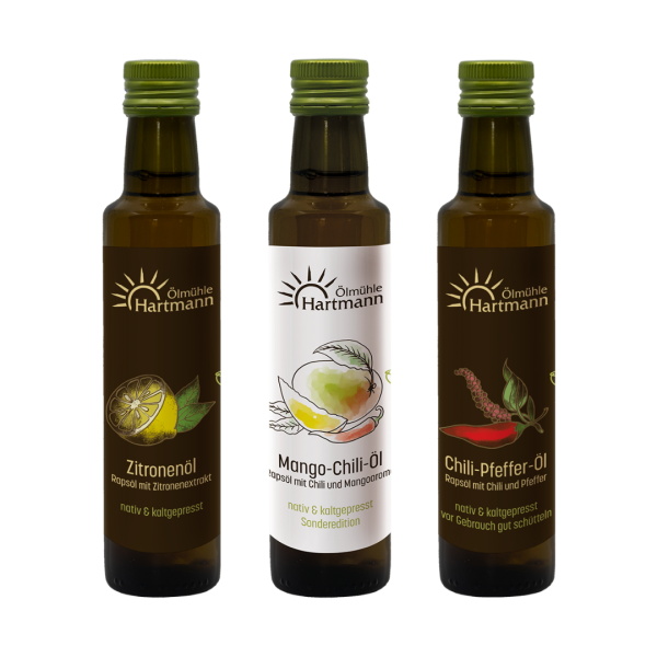 Fruchtig-scharfes Trio - Mango-Chili-Öl 0,25l, Zitronenöl 0,25l & Chili-Pfeffer-Öl 0,25l