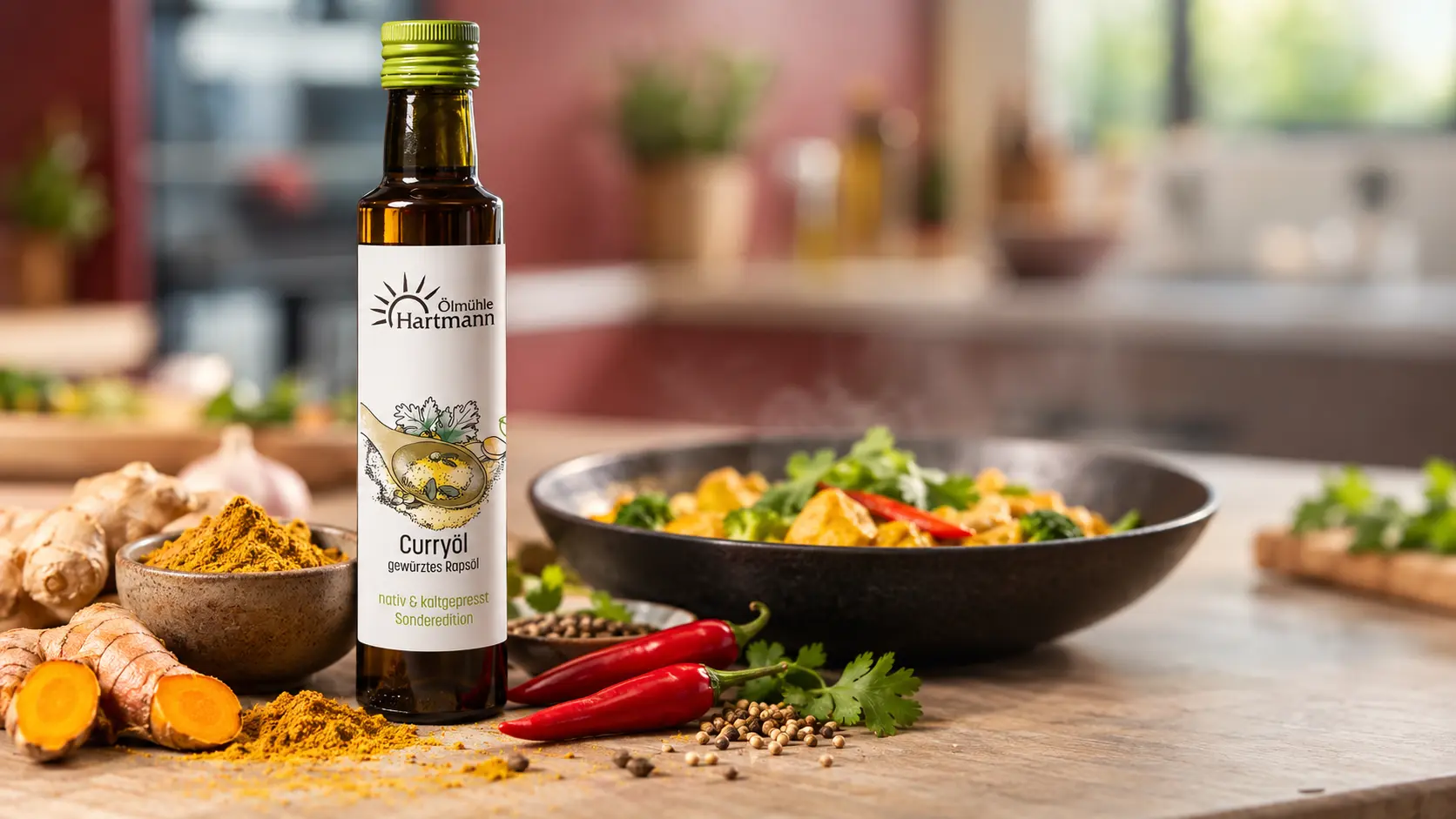 Saison & Limited Edition | Ölmühle Hartmann Curryöl steht in einer Küche