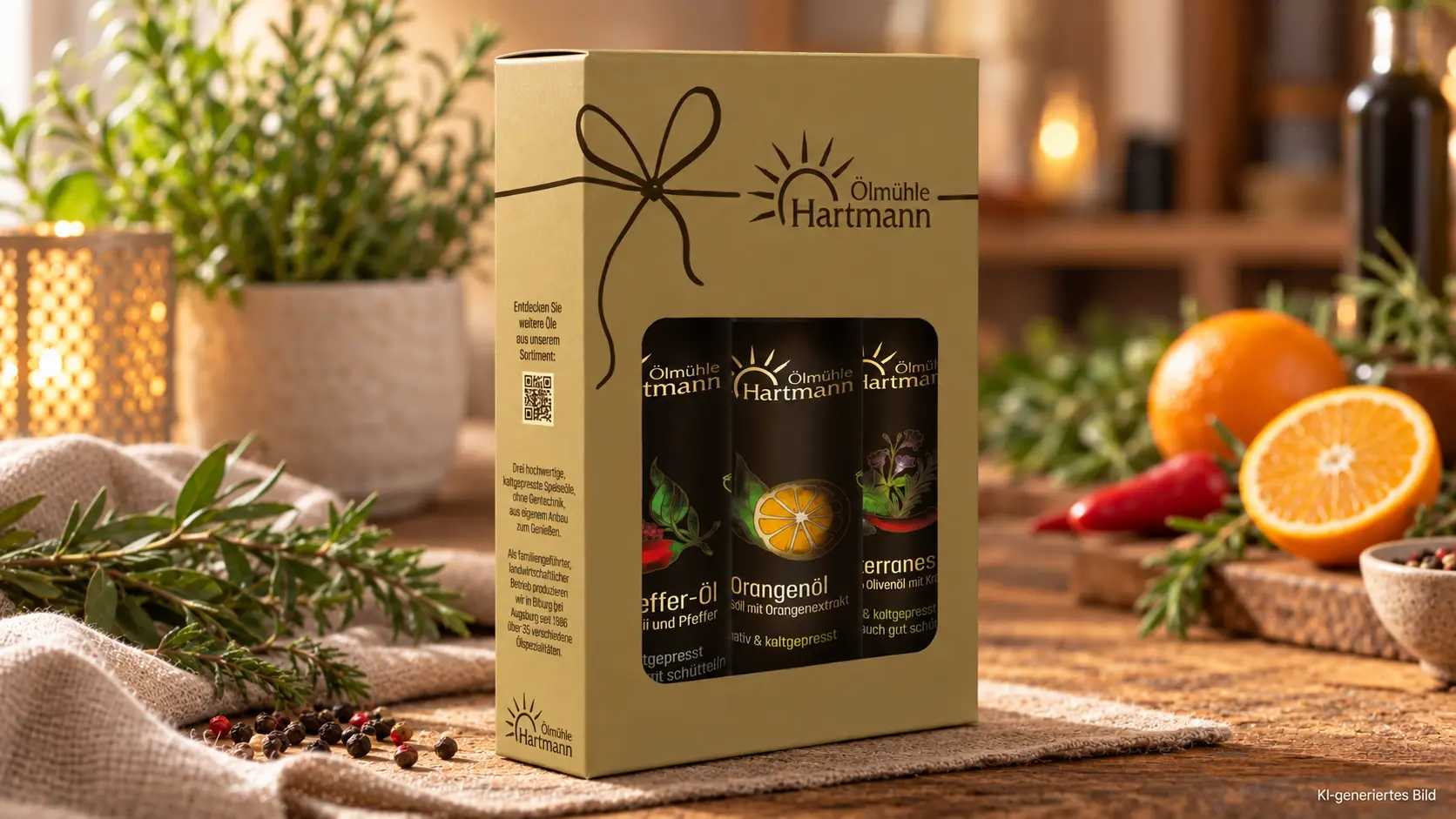 Geschenkset der Ölmühle Hartmann mit drei Speiseölen in einer Geschenkverpackung, dekoriert in einer warmen, natürlichen Küchenszene mit Kräutern, Orangen und Gewürzen.